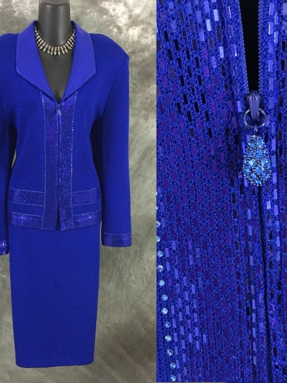BEAUTIFUL St John evening knit blue rhinestones embellished jacket skirt suit 12
